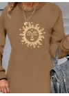 Kadın Uzun Kollu Bisiklet Yaka Güneş Desenli Viskon Iki Iplik Elbise