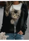 Kadın Uzun Kollu Bisiklet Yaka Kedi Baskılı şardonlu Dalgıç Bluz