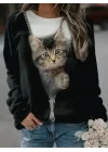 Kadın Uzun Kollu Bisiklet Yaka Kedi Baskılı şardonlu Dalgıç Bluz