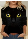 Kadın Uzun Kollu Bisiklet Yaka Kedi Desenli Süprem Bluz