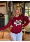 Kadın Uzun Kollu Bisiklet Yaka Kedi Desenli Viskon Iki Iplik Bluz
