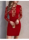 Kadın Uzun Kollu Bisiklet Yaka Kol Ve Göğüs Tül Detay Krep Elbise