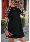 Kadın Uzun Kollu Bisiklet Yaka Kollar Leopar Detay Krep Mini Boy Elbise