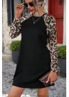 Kadın Uzun Kollu Bisiklet Yaka Kollar Leopar Detay Krep Mini Boy Elbise