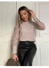 Kadın Uzun Kollu Bisiklet Yaka Kolları çiçekli Waffle Bluz