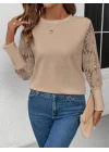 Kadın Uzun Kollu Bisiklet Yaka Kolları çiçekli Waffle Bluz