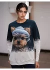 Kadın Uzun Kollu Bisiklet Yaka Köpek Baskılı şardonlu Dalgıç Bluz
