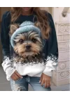 Kadın Uzun Kollu Bisiklet Yaka Köpek Baskılı şardonlu Dalgıç Bluz
