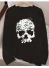 Kadın Uzun Kollu Bisiklet Yaka Kurukafa Desenli Viskon Bluz