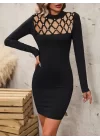 Kadın Uzun Kollu Bisiklet Yaka Lazer Kesim Inci Detay Viskon Iki Iplik Mini Boy Elbise