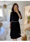 Kadın Uzun Kollu Bisiklet Yaka Midi Ithal Krep Elbise