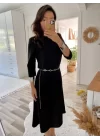 Kadın Uzun Kollu Bisiklet Yaka Midi Ithal Krep Elbise