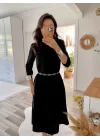 Kadın Uzun Kollu Bisiklet Yaka Midi Ithal Krep Elbise