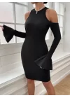 Kadın Uzun Kollu Bisiklet Yaka Omuz Açık Kol Ağzı Fırfır Detay Dalgıç Midi Boy Elbise