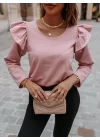 Kadın Uzun Kollu Bisiklet Yaka Omuzlar Volanlı Iki Iplik Bluz