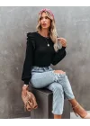 Kadın Uzun Kollu Bisiklet Yaka Omuzları Fırfırlı Triko Bluz
