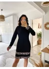 Kadın Uzun Kollu Bisiklet Yaka şerit Leopar Desenli Dalgıç Elbise