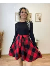 Kadın Uzun Kollu Bisiklet Yaka üst Viskon Alt Ekose Kısa Elbise