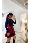 Kadın Uzun Kollu Bisiklet Yaka üst Viskon Alt Ekose Kısa Elbise
