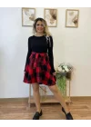 Kadın Uzun Kollu Bisiklet Yaka üst Viskon Alt Ekose Kısa Elbise