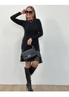 Kadın Uzun Kollu Bisiklet Yaka üst Viskon Etek Ucu Deri Kısa Elbise
