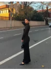 Kadın Uzun Kollu Boğazlı Baskı Detaylı Viskon Tam Boy Elbise