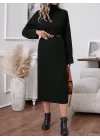 Kadın Uzun Kollu Boğazlı Midi Boy Triko Elbise (kemersiz)
