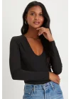 Kadın Siyah V Yaka Uzun Kollu Tanga Kesim Esnek Sandy Kumaş Bodysuit