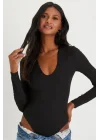 Kadın Siyah V Yaka Uzun Kollu Tanga Kesim Esnek Sandy Kumaş Bodysuit
