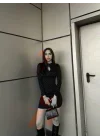 Kadın Uzun Kollu Damla Detay Flok Baskı Dalgıç Mini Elbise