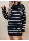 Kadın Uzun Kollu Degaje Yaka çizgili Sonya Iplik Mini Boy Triko Elbise (kemersiz)