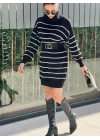 Kadın Uzun Kollu Degaje Yaka çizgili Sonya Iplik Mini Boy Triko Elbise (kemersiz)