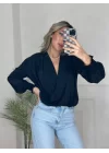 Kadın Uzun Kollu Dökümlü Kruvaze Yaka Kol Ucu Gipeli Sandy Bluz