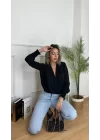 Kadın Uzun Kollu Dökümlü Kruvaze Yaka Kol Ucu Gipeli Sandy Bluz