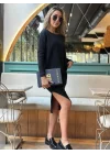 Kadın Uzun Kollu Düşük Omuz Yırtmaç Detay Kaşkorse Etek Bluz Ikili Takım