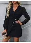 Kadın Uzun Kollu Eteği Düğme Kolu Tül Detay Ithal Krep Ceket Yaka Mini Elbise