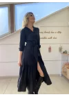 Kadın Uzun Kollu Eteği Fırfırlı Beli Kuşaklı Trikoton Tam Boy Gömlek Elbise