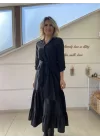 Kadın Uzun Kollu Eteği Fırfırlı Beli Kuşaklı Trikoton Tam Boy Gömlek Elbise