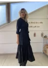 Kadın Uzun Kollu Eteği Fırfırlı Beli Kuşaklı Trikoton Tam Boy Gömlek Elbise