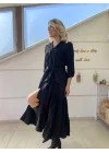 Kadın Uzun Kollu Eteği Fırfırlı Beli Kuşaklı Trikoton Tam Boy Gömlek Elbise