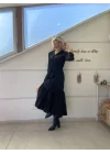 Kadın Uzun Kollu Eteği Fırfırlı Beli Kuşaklı Trikoton Tam Boy Gömlek Elbise