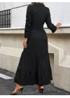 Kadın Uzun Kollu Eteği Fırfırlı Beli Kuşaklı Trikoton Tam Boy Gömlek Elbise