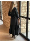 Kadın Uzun Kollu Eteği Fırfırlı Beli Kuşaklı Trikoton Tam Boy Gömlek Elbise