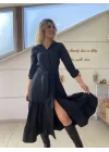 Kadın Uzun Kollu Eteği Fırfırlı Beli Kuşaklı Trikoton Tam Boy Gömlek Elbise