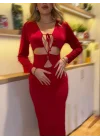 Kadın Uzun Kollu Göğüs Ve Göbek Dekolte Detay Sandy Midi Boy Elbise