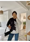 Kadın Uzun Kollu Kapşonlu Bağcıklı Kedi Desenli şardonlu Dalgıç Bluz
