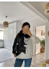Kadın Uzun Kollu Kapşonlu Bağcıklı Kedi Desenli şardonlu Dalgıç Bluz