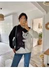 Kadın Uzun Kollu Kapşonlu Bağcıklı Kedi Desenli şardonlu Dalgıç Bluz