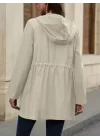 Kadın Uzun Kollu Kapşonlu önden Fermuarlı Düğmeli Ve Cep Detay Bondit Ceket