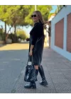 Kadın Uzun Kollu Kapüşon Ve Deri Detay Diz üstü Elbise